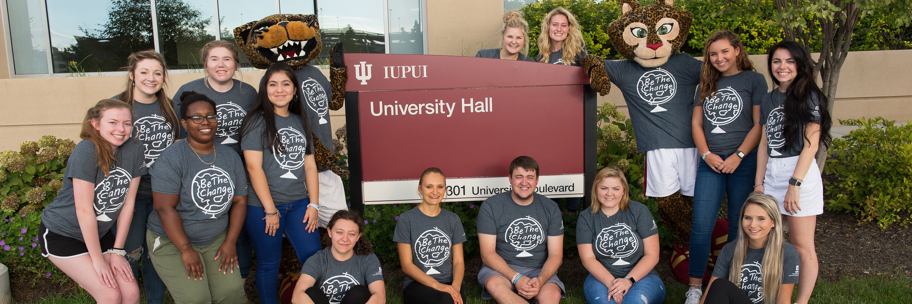 Students and IUPUI mascots at University Hall