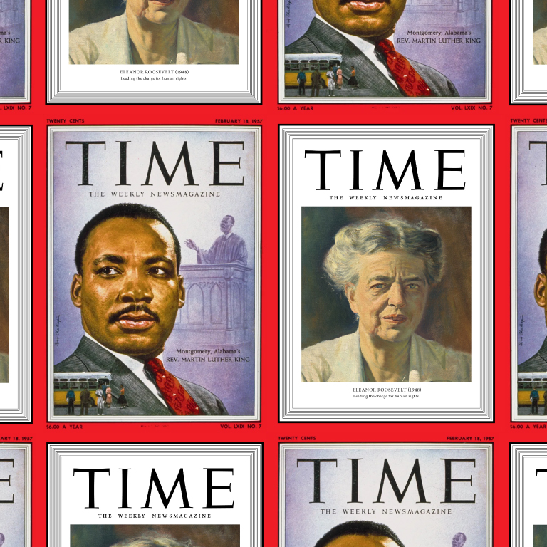 Time Magazine covers of Eleanor Roosevelt (1948) and Martin Luther King (1957). 